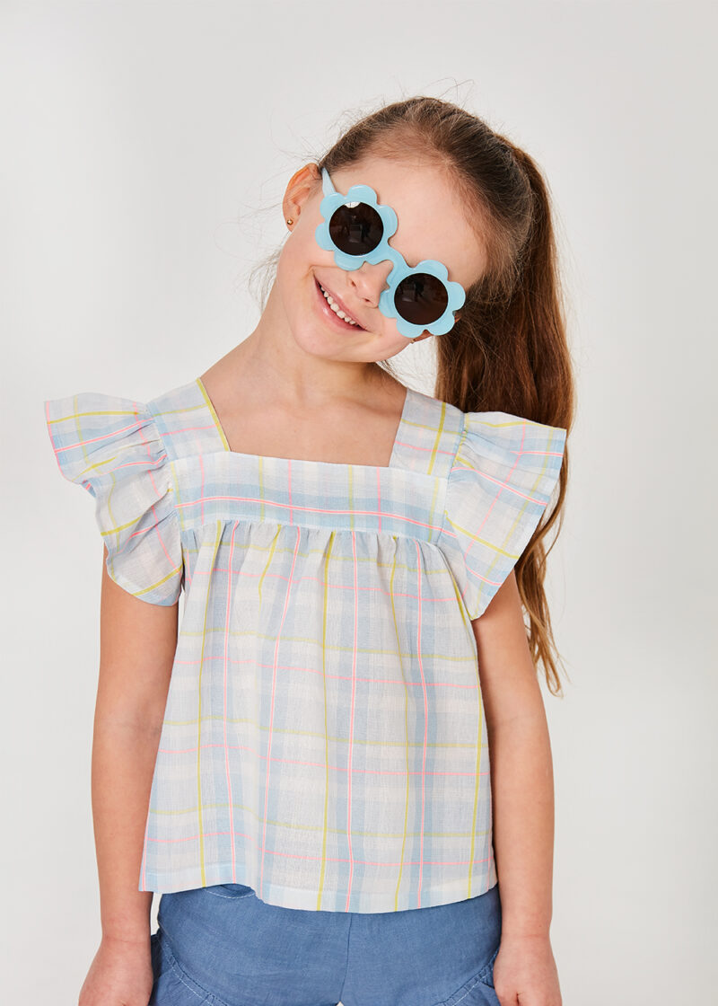 bluzka dziewczęca w kratkę neonową, z falbankami, niebieska, bawełniana, dla dziewczynki, dziecięca, bez rękawów