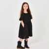 dziewczęca czarna lniana sukienka z krótkim rekawem, z lnu, za kolana, czarna