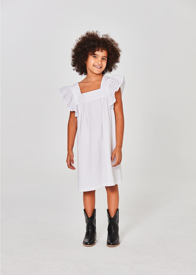 biała sukienka z dzianiny dla dziewczynki, z koronka bawełnianą
