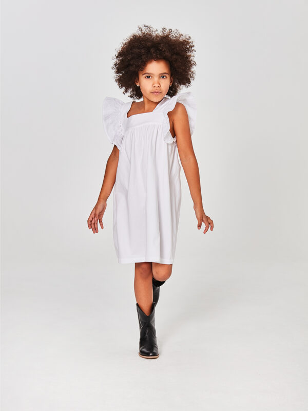 dziewczęca sukienka z dzianiny, bawełniana, biała, z koronka z krótkim rekawem, rękawami krótkimi, bez rękawów