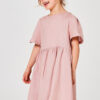 różowa, lniana sukienka za kolana, z lnu, dziecięca, z krótkimi rękawami