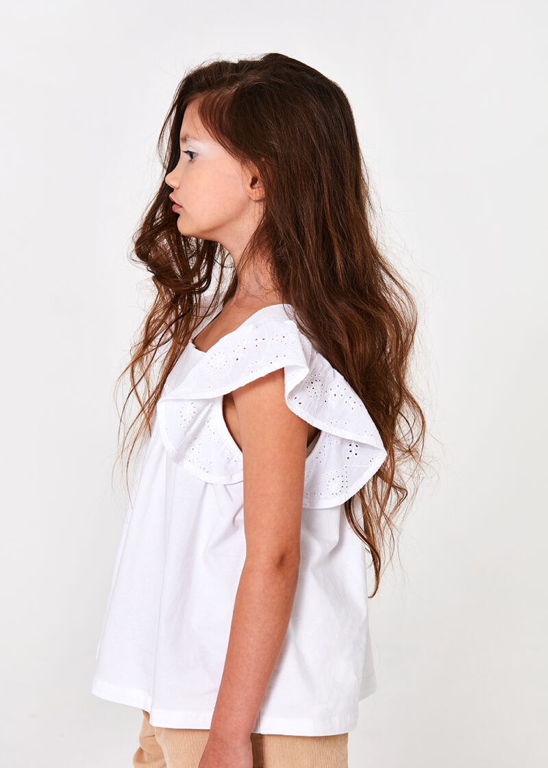 biała bluzka z koronkowymi falbankami, z dzianiny, dla dziewczynki, bawełniana