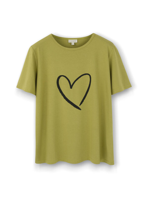 damski t-shirt, zielony, oliwkowy, z sercem, z nadrukiem serca, koszulka damska z krótkim rękawem, bawełniana