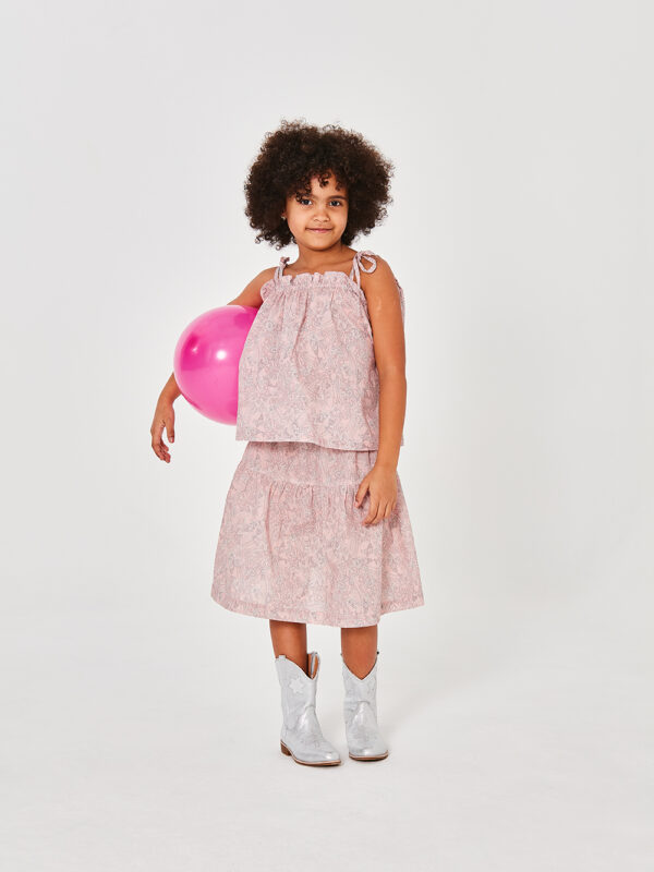 spódnica różowa dla dziewczynki, na gumkę, bawełniana, z 100% bawełny, do kolan, za kolana, z falbaną, wzór Paisley