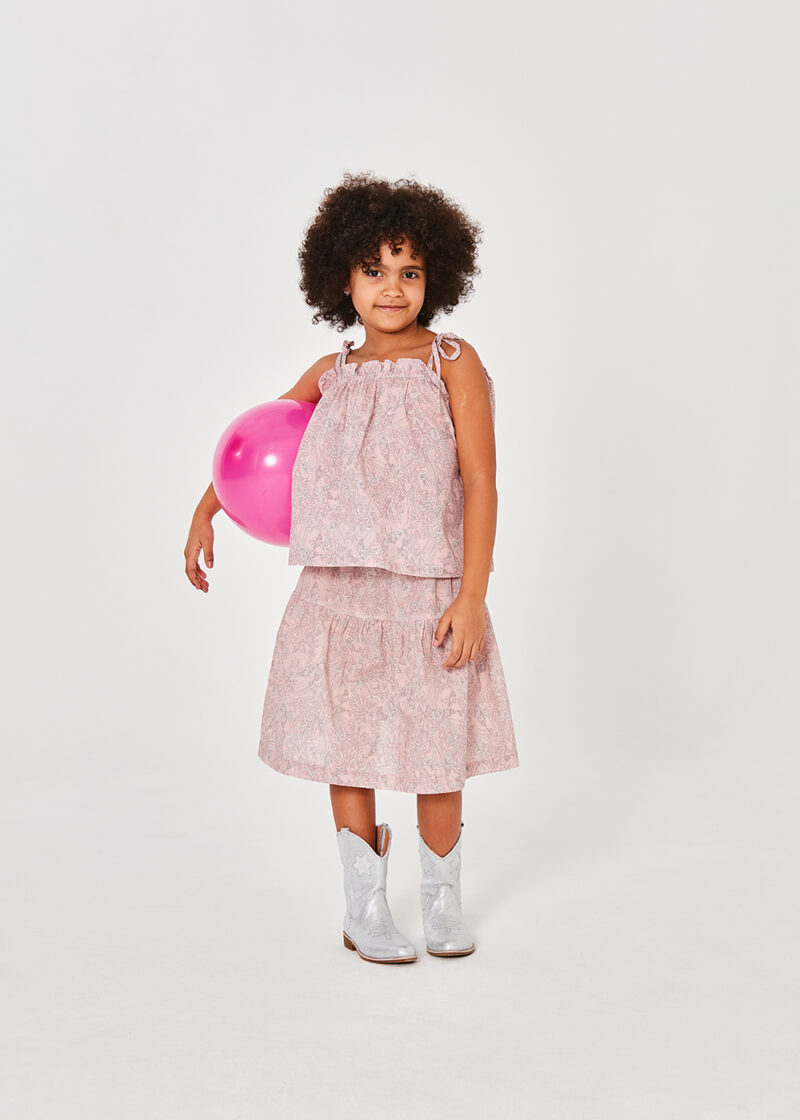spódnica różowa dla dziewczynki, na gumkę, bawełniana, z 100% bawełny, do kolan, za kolana, z falbaną, wzór Paisley