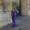 fioletowy damski garnitur, z kamizelką, spodnium, fioletowa kamizelka garniturowa, szerokie damskie spodnie garniturowe
