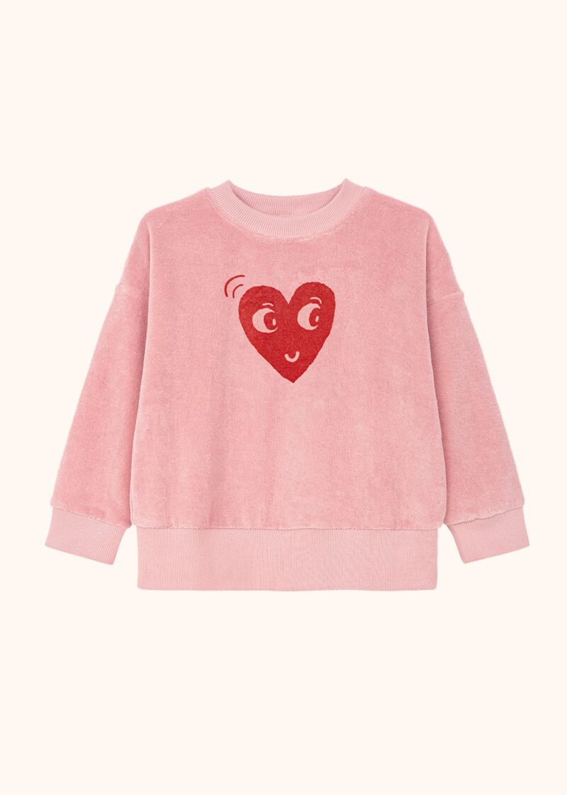 bluza frotowa dziecięca, dla dziecka, dziewczęca, różowa, frota, bawełniana, z nadrukiem serca, czerowne serduszko