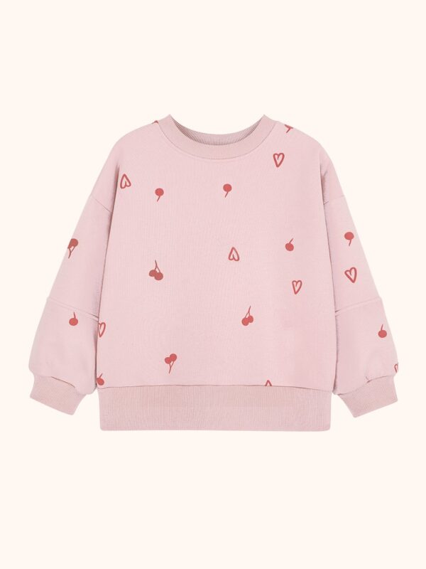 różowa dziewczęca bluza, dla dziewczynki, dzianinowa, bawełniana, z nadrukiem w serduszka i czereśnie, wisienki, wiśnie, serca,