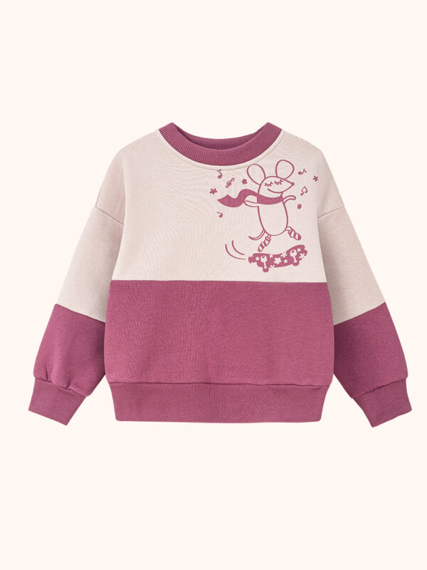 bluza dla dziewczynki, dziewczęca, dla dziecka, różowa, kremowo-bezowa, z nadrukiem myszki, z myszką na deskorolce, skate, bawełniana, dzianinowa, polski produkt, polska marka