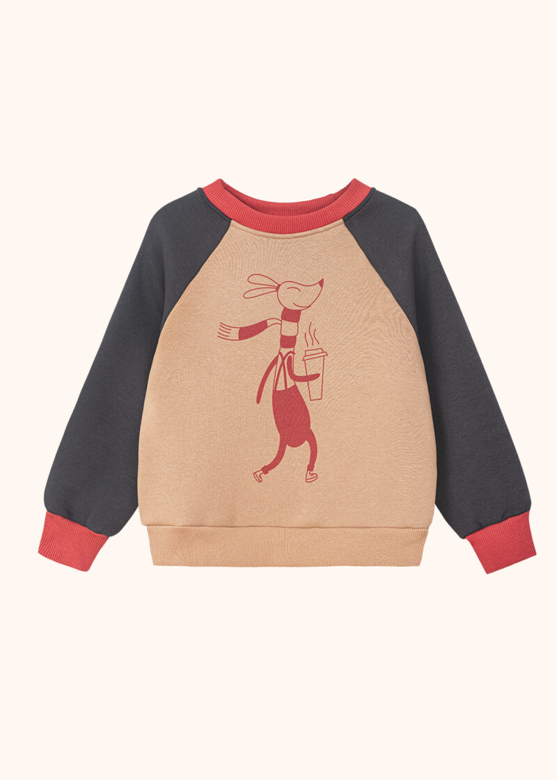 dziecięca bluza bawełniana, unisex, dla chłopca, beżowo-czarna, piaskowa, raglanowe rękawy, z nadrukiem zwierzaka Chili, czerwony nadruk