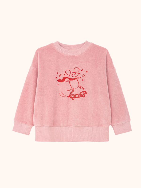 frotowa bluza rózowa, dla dziewczynki, dla dziecka, dziewczęca, dziecięca, bawełniana, dzianinowa, z nadrukiem myszki na deskorolce