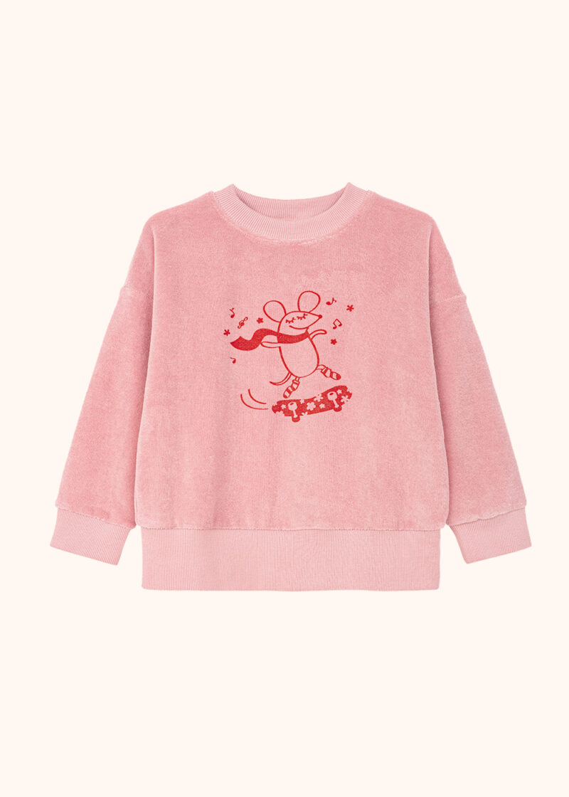 frotowa bluza rózowa, dla dziewczynki, dla dziecka, dziewczęca, dziecięca, bawełniana, dzianinowa, z nadrukiem myszki na deskorolce