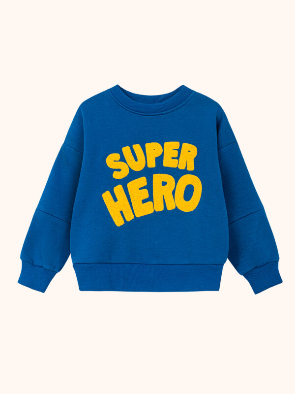 niebieska bluza, granatowa, dla dziecka, dziecięca, bawełniana, z haftem chenille, żółtym, super hero, dla małego bohatera