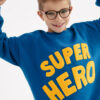 granatowa, niebieska bluza bawełniana, z bawełny, dla dziecka, chłopca, dziewczynki , z żółtym haftem, napisem Super hero, dla bohatera, haf chenille