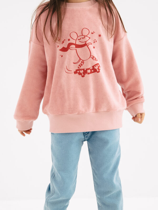 różowa bluza z froty, frotowa, dla dziewczynki, dla dziecka, z nadrukiem myszki na deskorolce, bawełniana, 100% bawełna, polski produkt