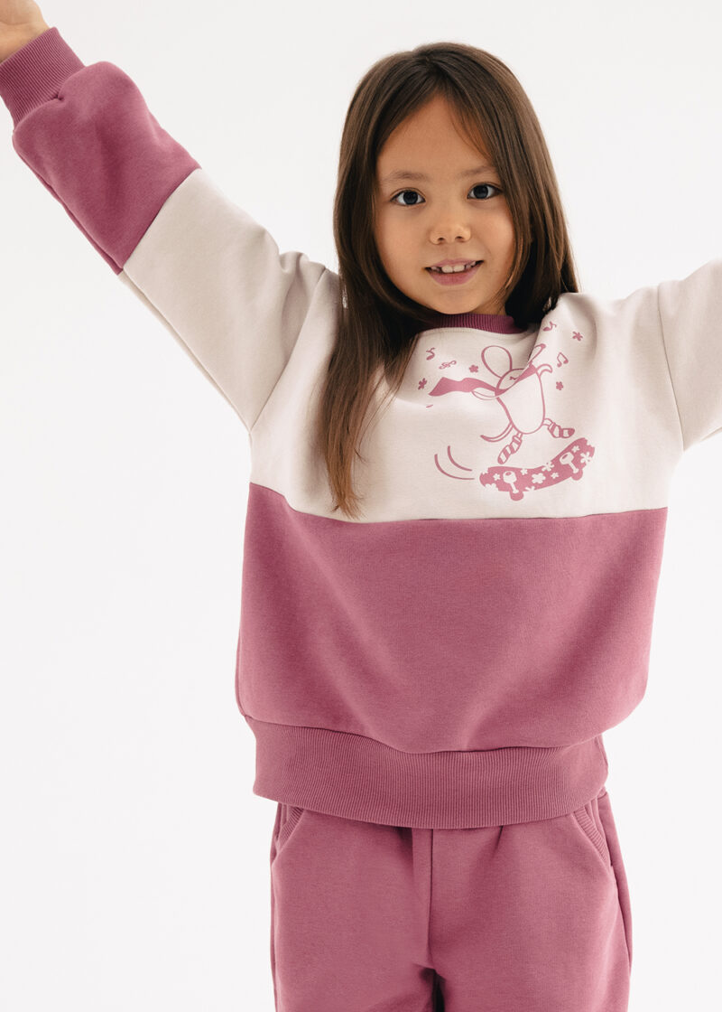 różowa bluza dla dziewczynki, dla dziecka, z nadrukiem myszki na deskorolce, z deskorolką, skate, dzianinowa, bawełniana, polski produkt
