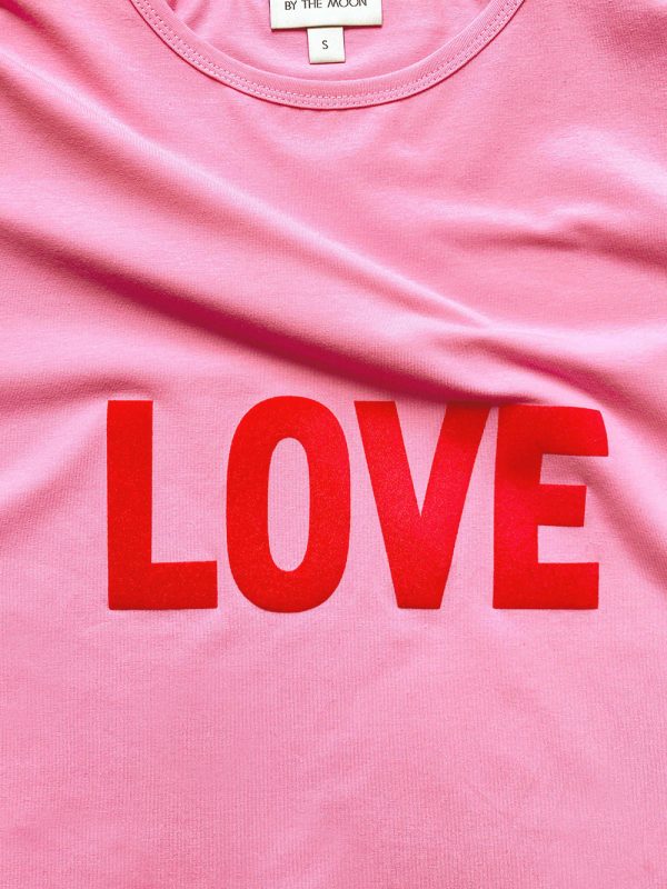 nadruk flock love, damska koszulka różowa