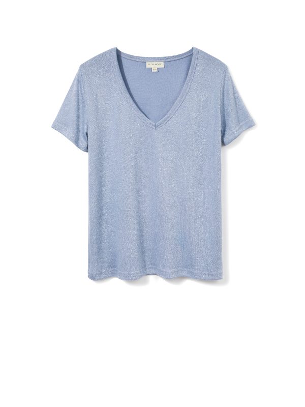 niebieska, błekitna damska bluzka, t-shirt, koszulka, top z dekoltem w serek, błyszcząca nitka, polska marka