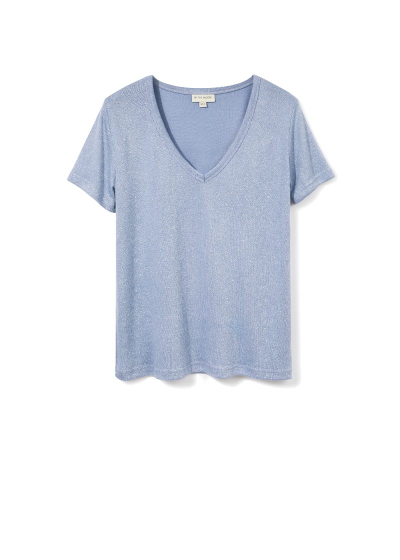 niebieska, błekitna damska bluzka, Mia Sky t-shirt, koszulka, top z dekoltem w serek, błyszcząca nitka, polska marka