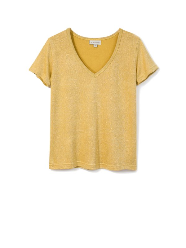 damska bluzka z krótkim rekawem, koszulka, t-shirt połyskujący, z wiskozy, wiskoza, żółty, w serek, polska marka
