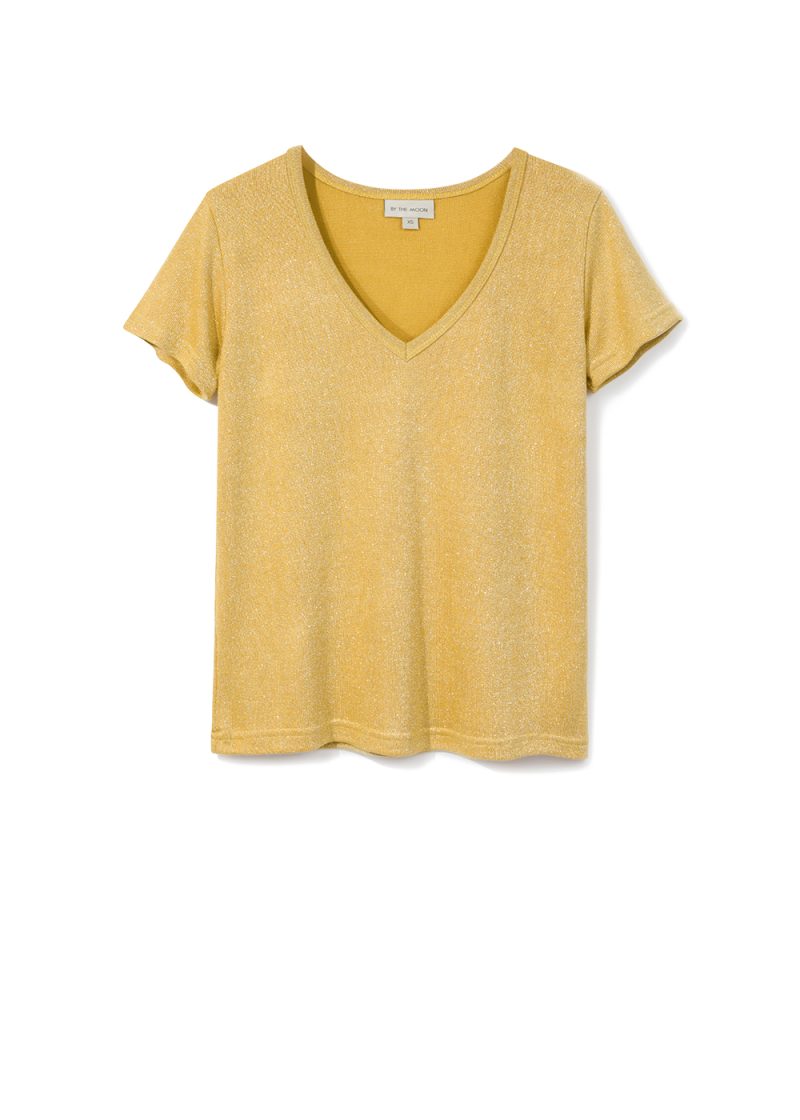 damska bluzka z krótkim rekawem, koszulka, t-shirt połyskujący, z wiskozy, wiskoza, żółty, w serek, polska marka