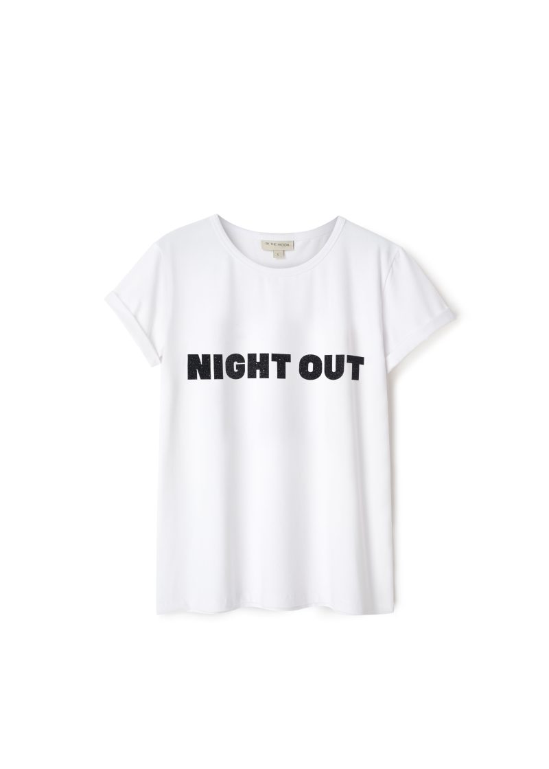 biały t-shirt z błyszczącym nadrukiem, napisem night out, na imprezę, koszulka damska,