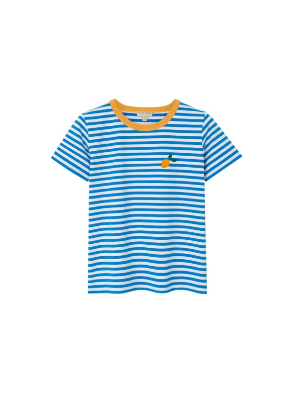 damska koszulka, damski t-shirt w niebieskie paseczki, paski błekitne z nadrukiem cytryny, cytrynki, bawełna, bawełniany, polska marka by the moon