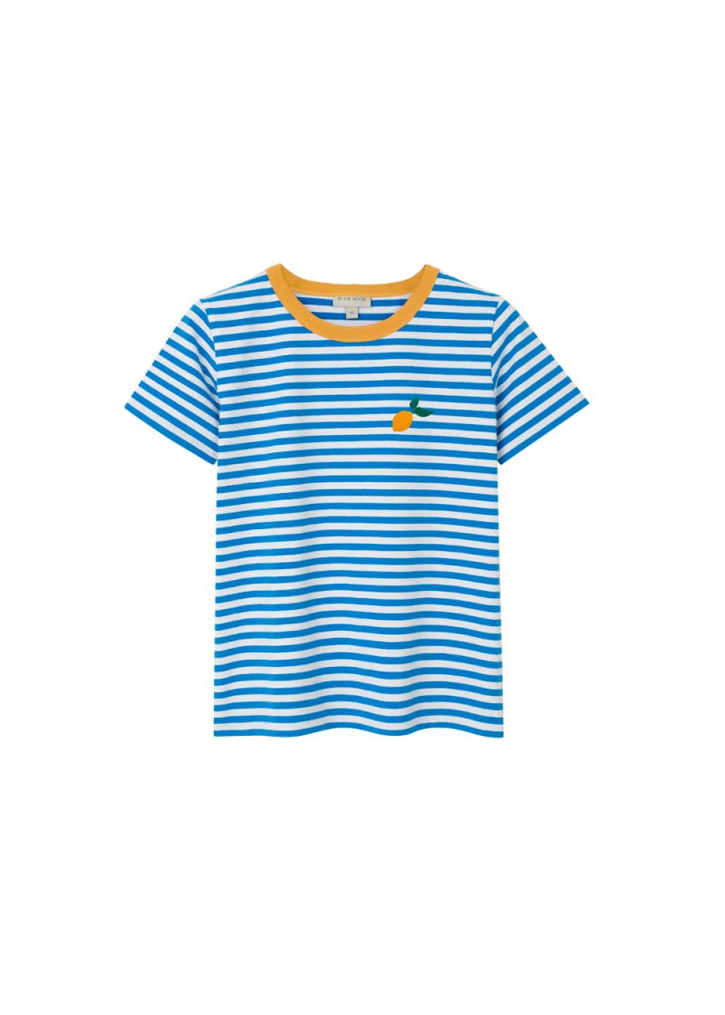 damska koszulka, damski t-shirt w niebieskie paseczki, paski błekitne z nadrukiem cytryny, cytrynki, bawełna, bawełniany, polska marka by the moon