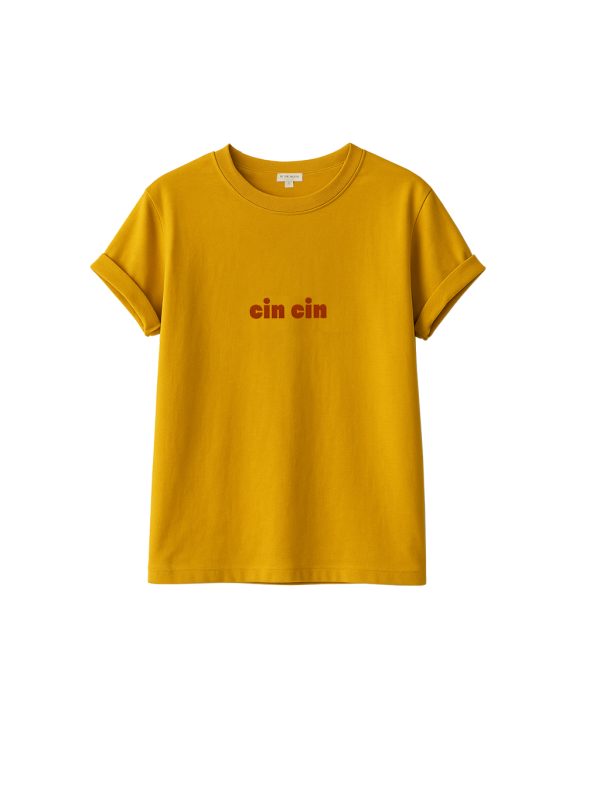 damski t-shirt,żółty,  koszulka żółta, z nadrukiem, napisem cin cin, na lato, mango, polska marka by the moon