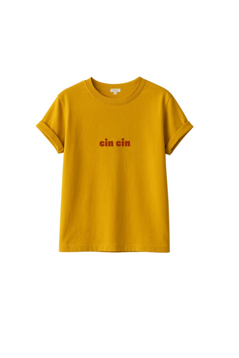 damski t-shirt,żółty,  koszulka żółta, z nadrukiem, napisem cin cin, na lato, mango, polska marka by the moon