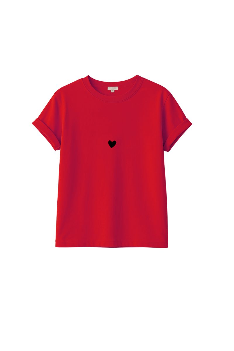 damska czerwona koszulka, t-shirt, czerwony, z czarnym sercem, serduszkiem, tiny heart, bawełna, by the moon, polska marka