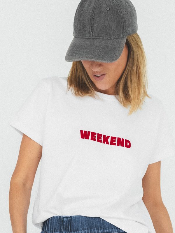 t-shirt damski biały, z nadrukiem weekend, koszulka damska, biała, by the moon