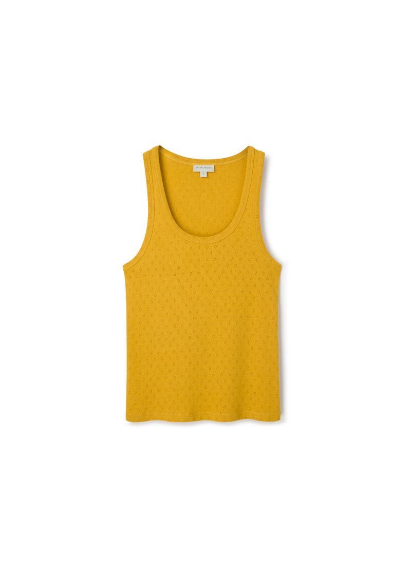 żółty tanktop, podkoszulka, ażurowa dzianina, na lato, polska marka, 10% bawełna