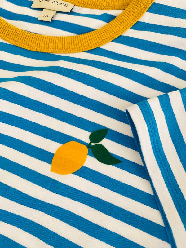 t-shirt lemon, z cytrynka, nadruk cytryny, damski, w paseczki niebieskie