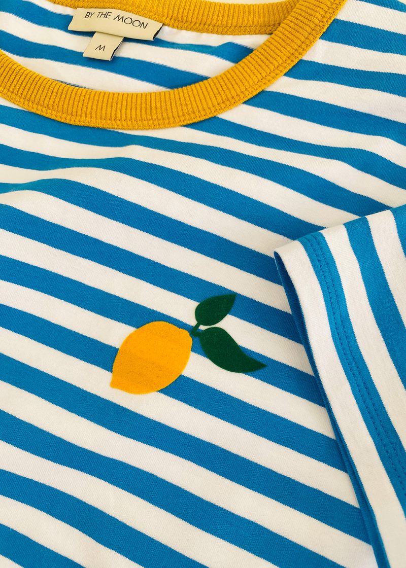t-shirt lemon, z cytrynka, nadruk cytryny, damski, w paseczki niebieskie