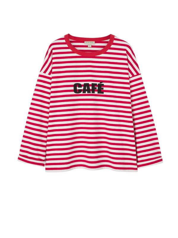 oversizowy longsleeve, obszerna, luźna bluzka, koszulka w czerwono-białe paski, paseczki, z długim rękawem, bawełna, z nadrukiem cafe, coffee, polska marka