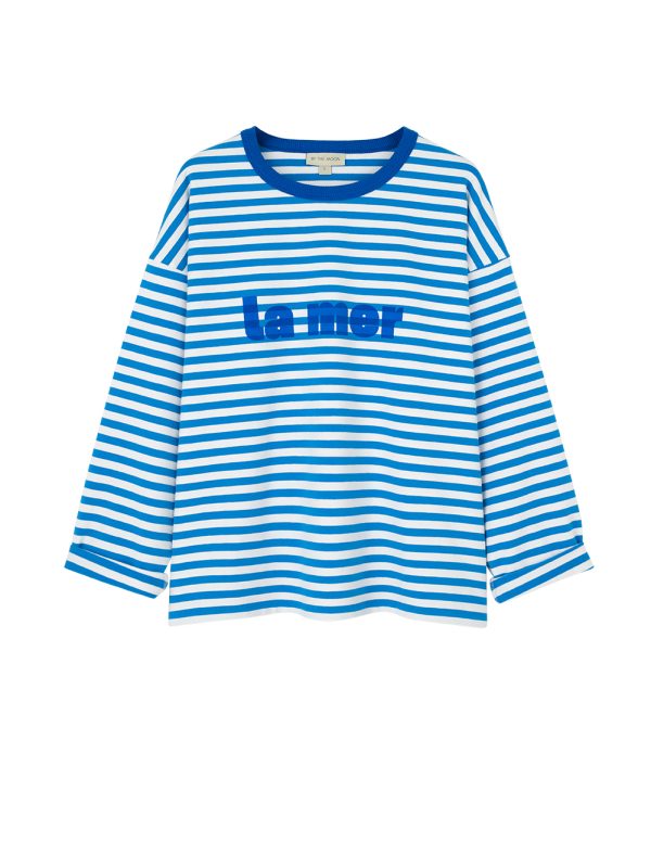 damski longsleeve, bluzka, koszulka z długim rękawem, bawełna, w paseczki, paski niebieskie, niebiesko-białe, z nadrukiem la mer, marynistyczna, polska marka