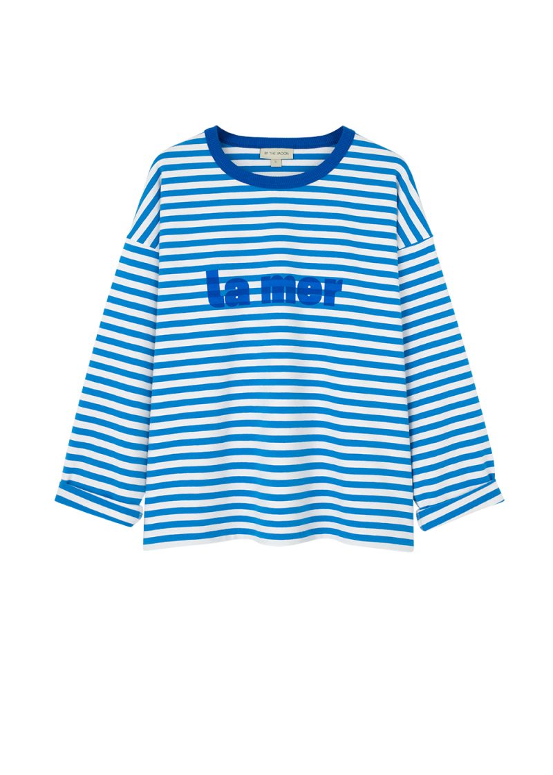 damski longsleeve, bluzka, koszulka z długim rękawem, bawełna, w paseczki, paski niebieskie, niebiesko-białe, z nadrukiem la mer, marynistyczna, polska marka