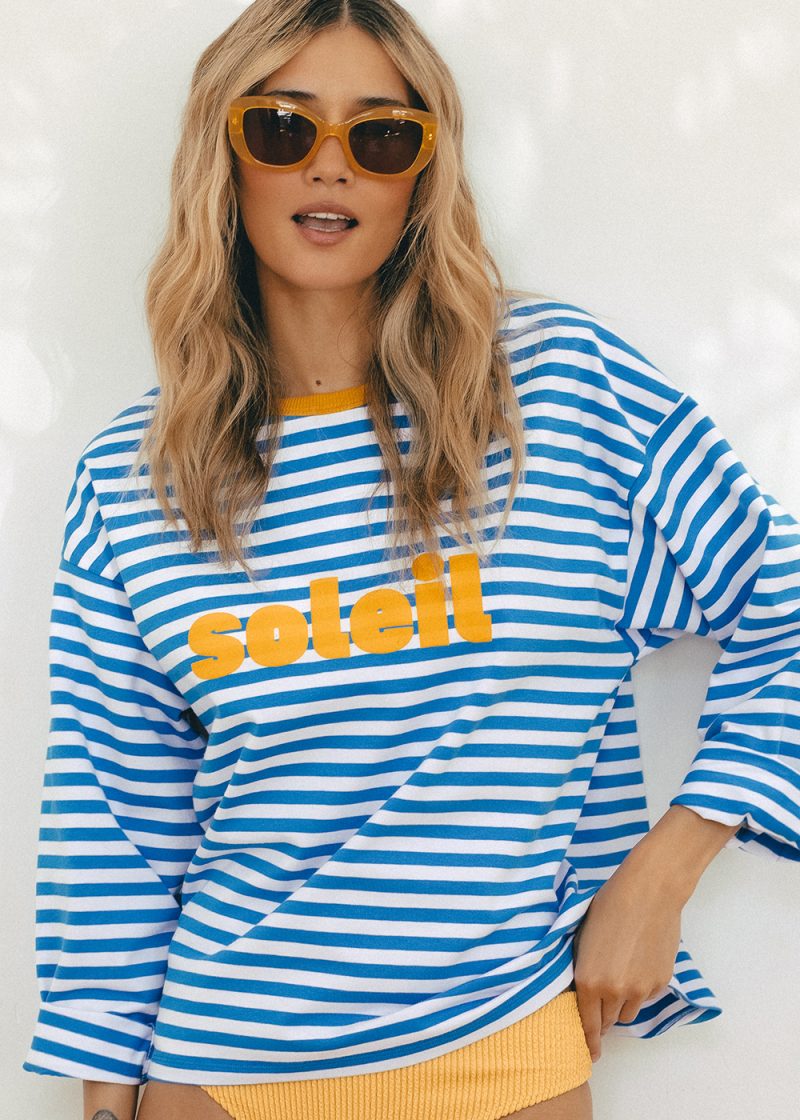 longsleeve oversize soleil, w paski, paseczki niebiesko-białe