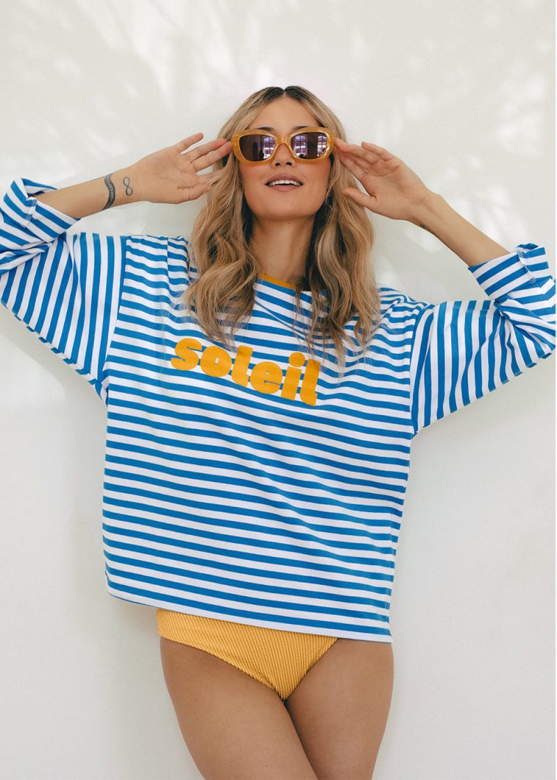 longsleeve w biało-niebieskie paski, paseczki, z napisem soleil, polska marka, bawełna